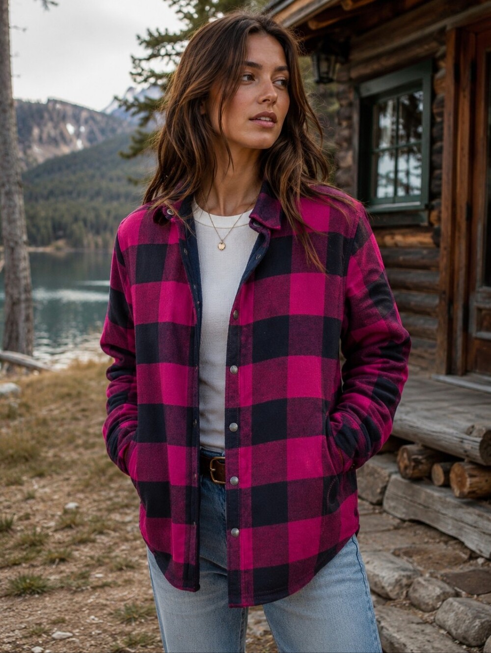 Orvis Buffalo Plaid Fleece Lined Snap Shirt Jacket Women's L Pink Navy Blue
